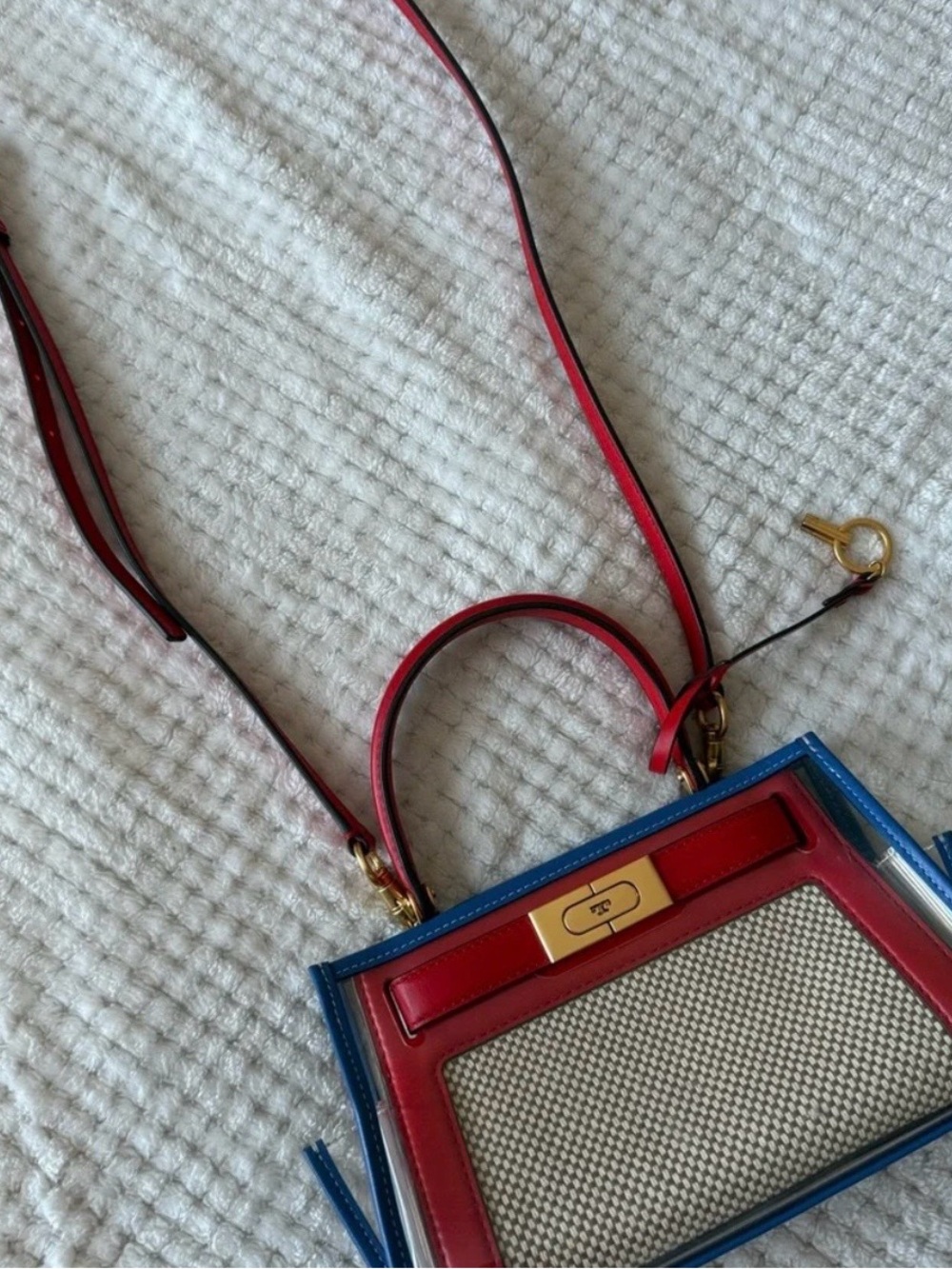 Red and Blue Structured Top-Handle Satchel with Canvas Panel